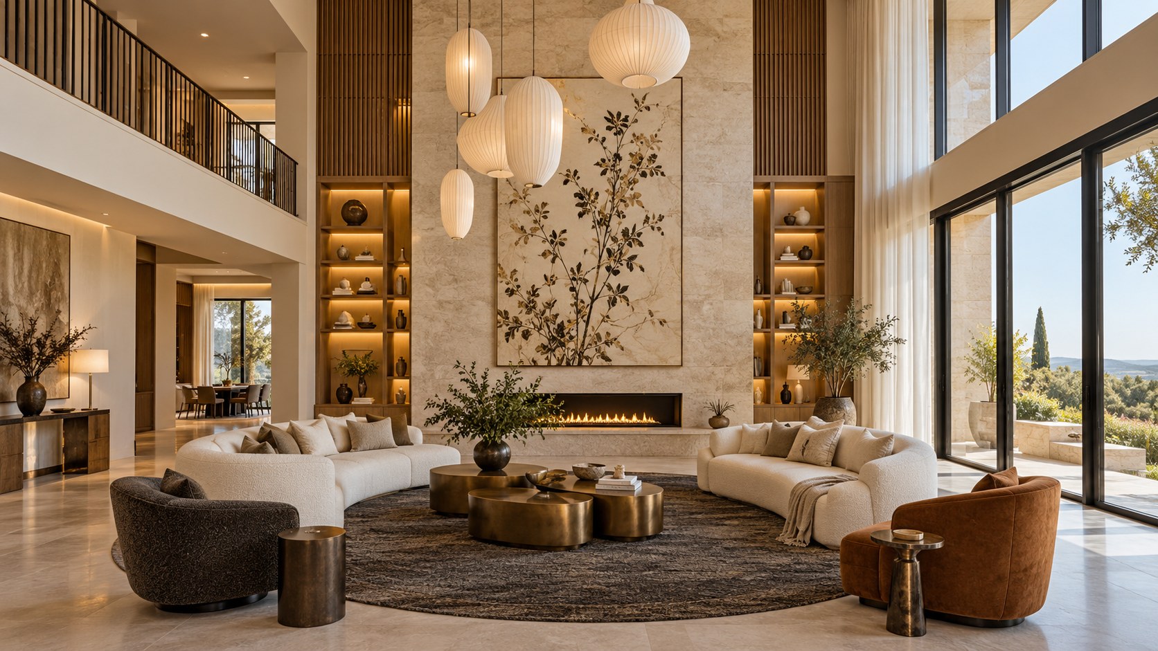 A double-height living room with a stone fireplace wall