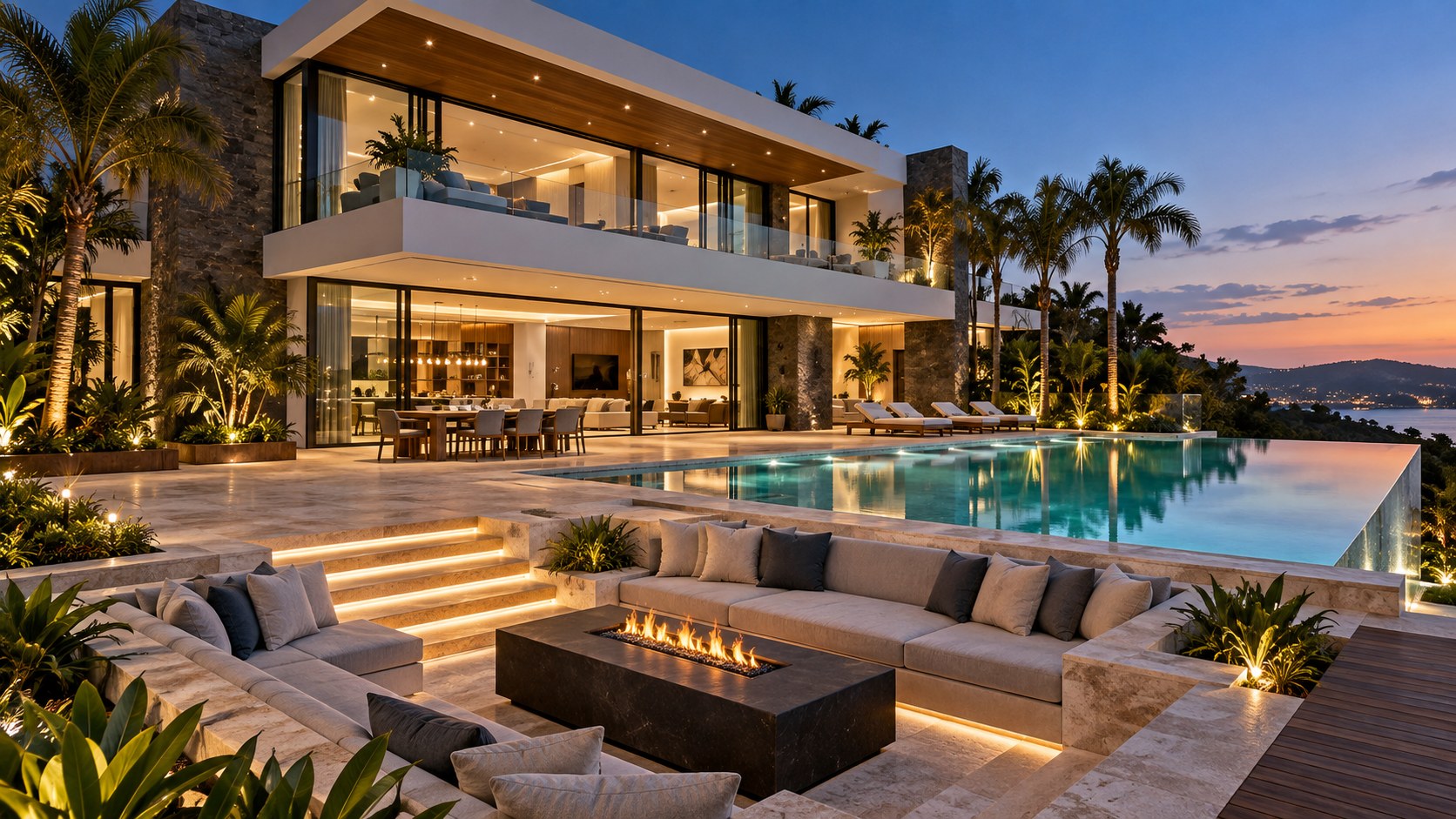 A modern villa at dusk with an infinity pool and a sunken fire lounge