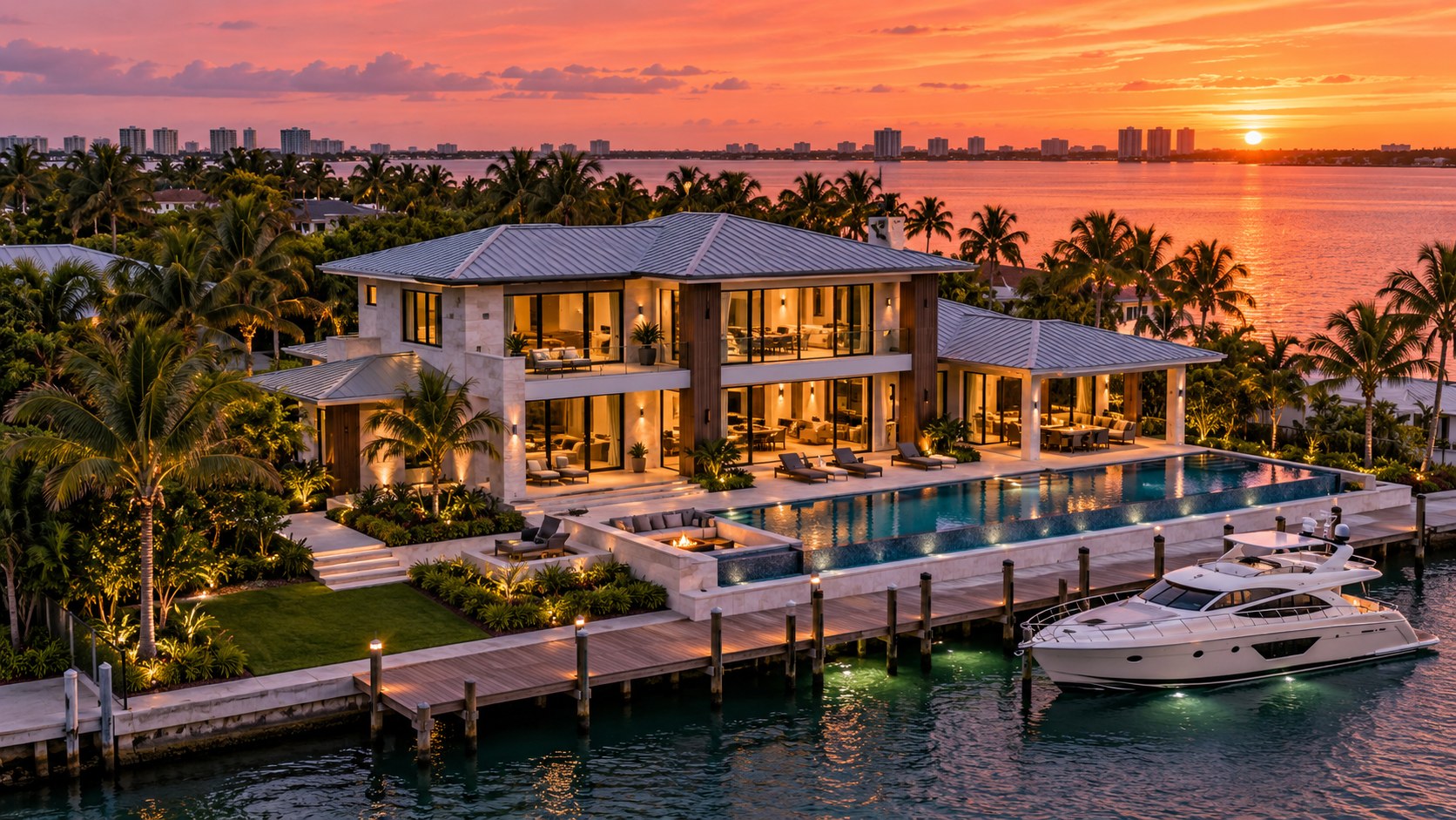 A waterfront home at sunset with a pool and a private dock